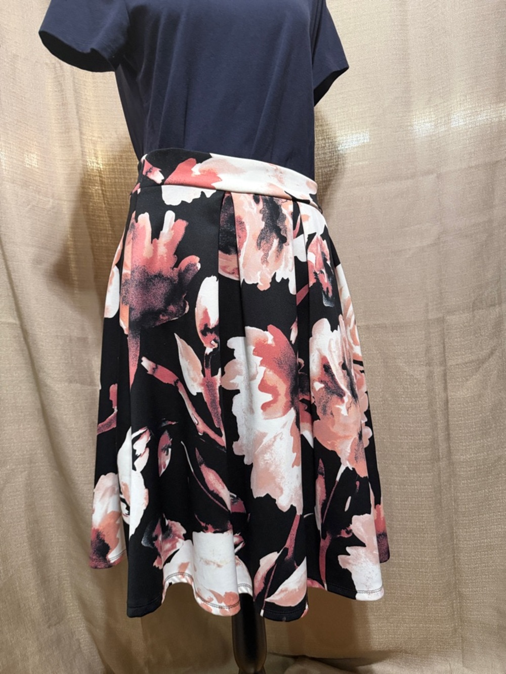 Floral Circle Skirt in Black and Pink Pull On (No zipper, no buttons)